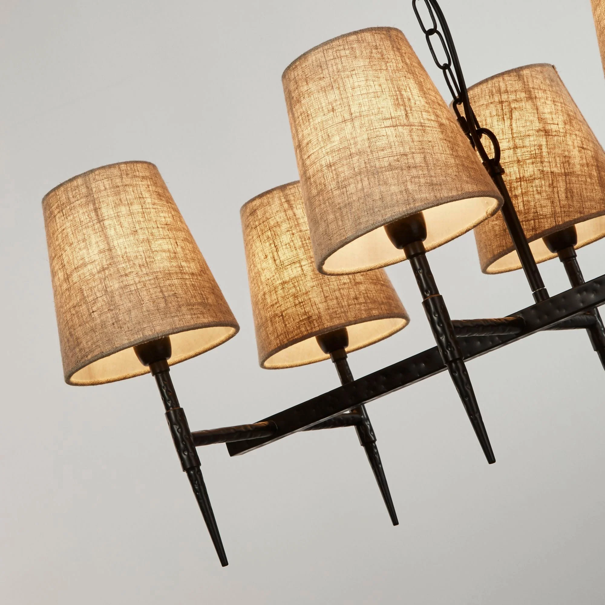 Gothic 8lt Bar Pendant, Adjustable Height, Dimmable- Hammered Black Metal & Natural Linen - Image 3