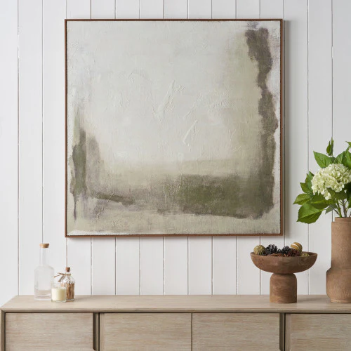 Green and Natural Abstract Square Hessian Canvas with Oak Effect Frame - Image 2