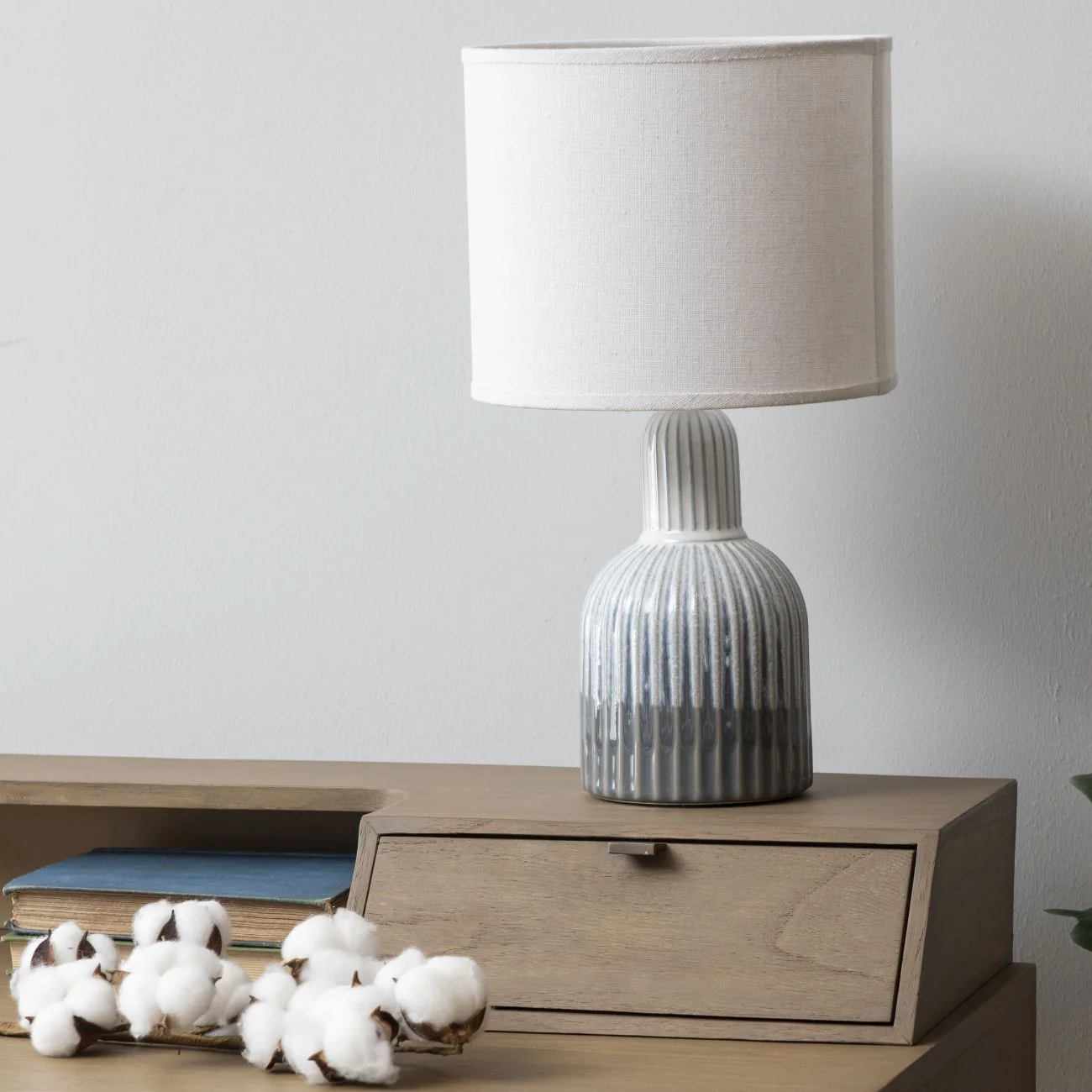 Grey Porcelain Small Lamp - Ribbed Detailing & White Shade - Image 2