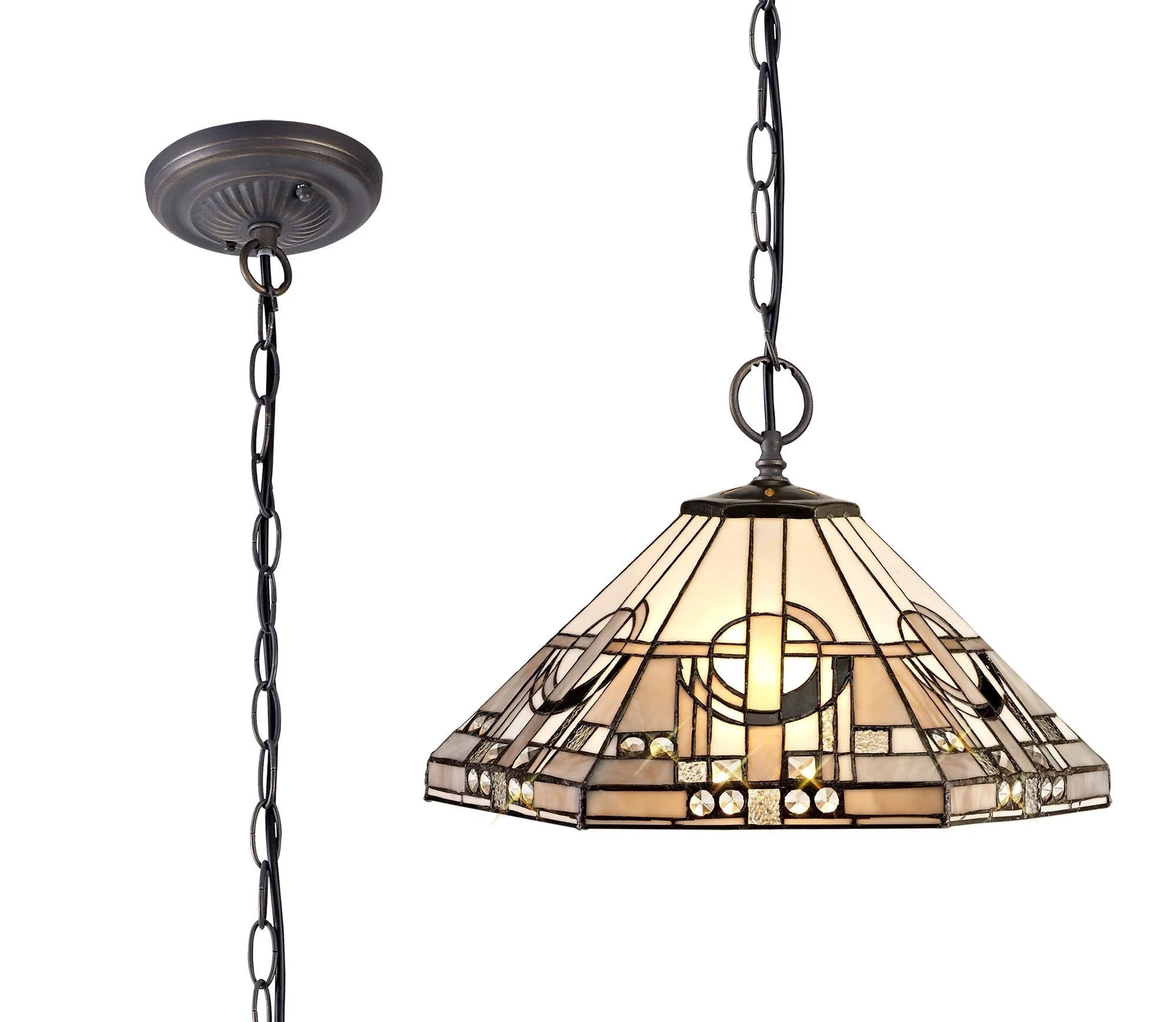 Guild 1/2/3 Light Downlighter Pendant E27 With 30/40cm Tiffany Shade, White/Grey/Black/Clear Crystal/Aged Antique Brass - Image 2