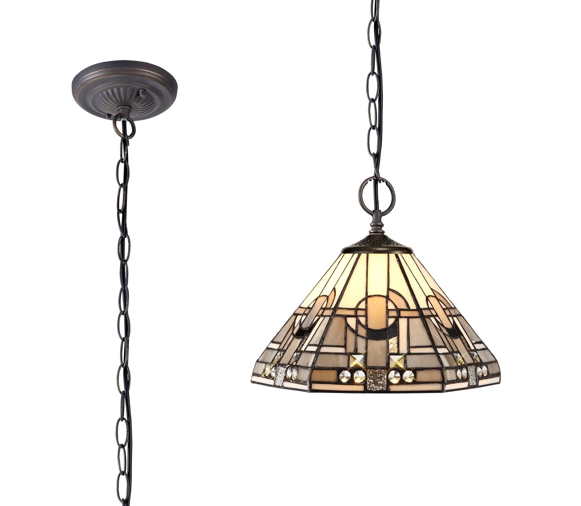 Guild 1/2/3 Light Downlighter Pendant E27 With 30/40cm Tiffany Shade, White/Grey/Black/Clear Crystal/Aged Antique Brass - Image 3