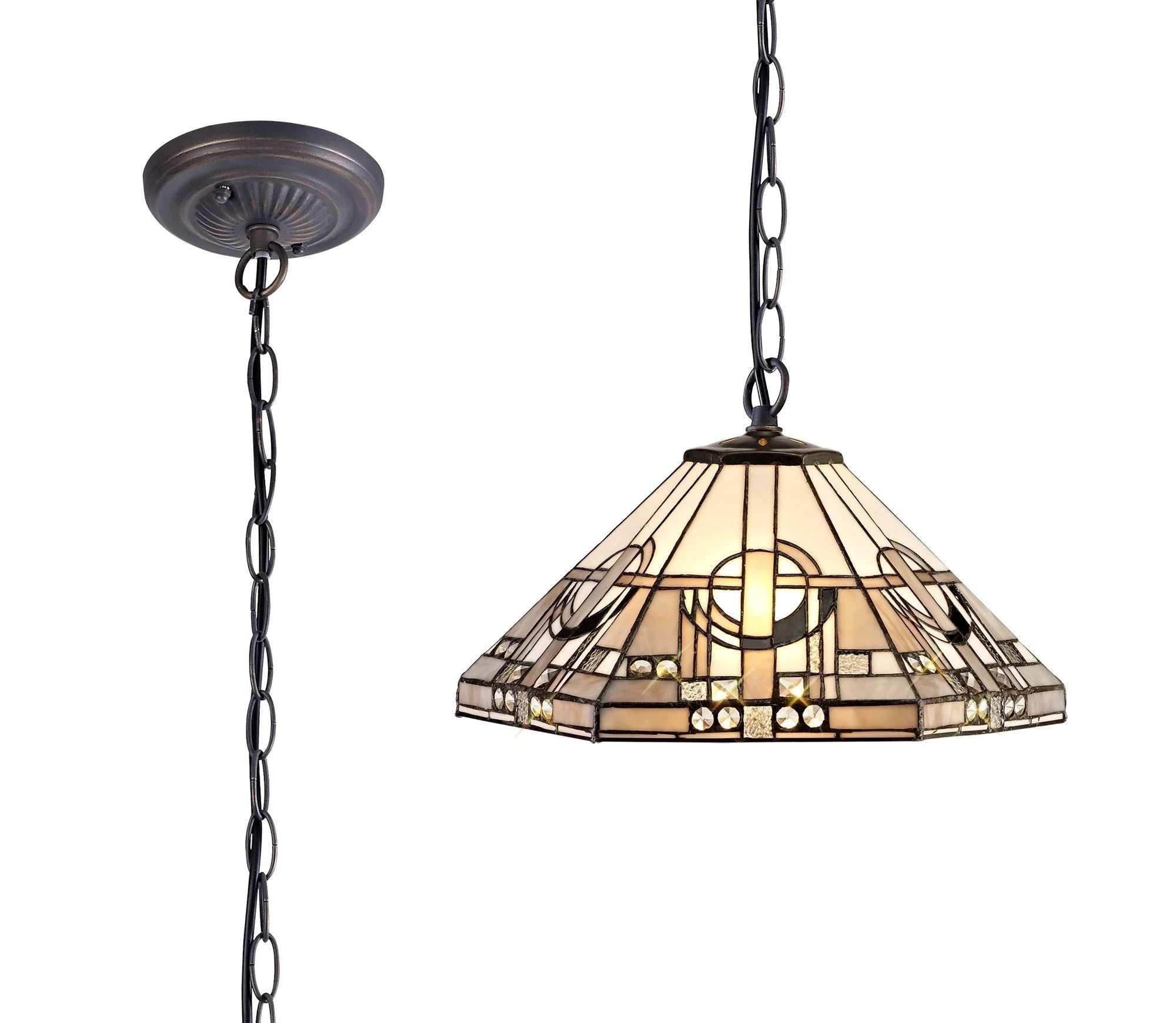 Guild 1/2/3 Light Downlighter Pendant E27 With 30/40cm Tiffany Shade, White/Grey/Black/Clear Crystal/Aged Antique Brass - Image 4