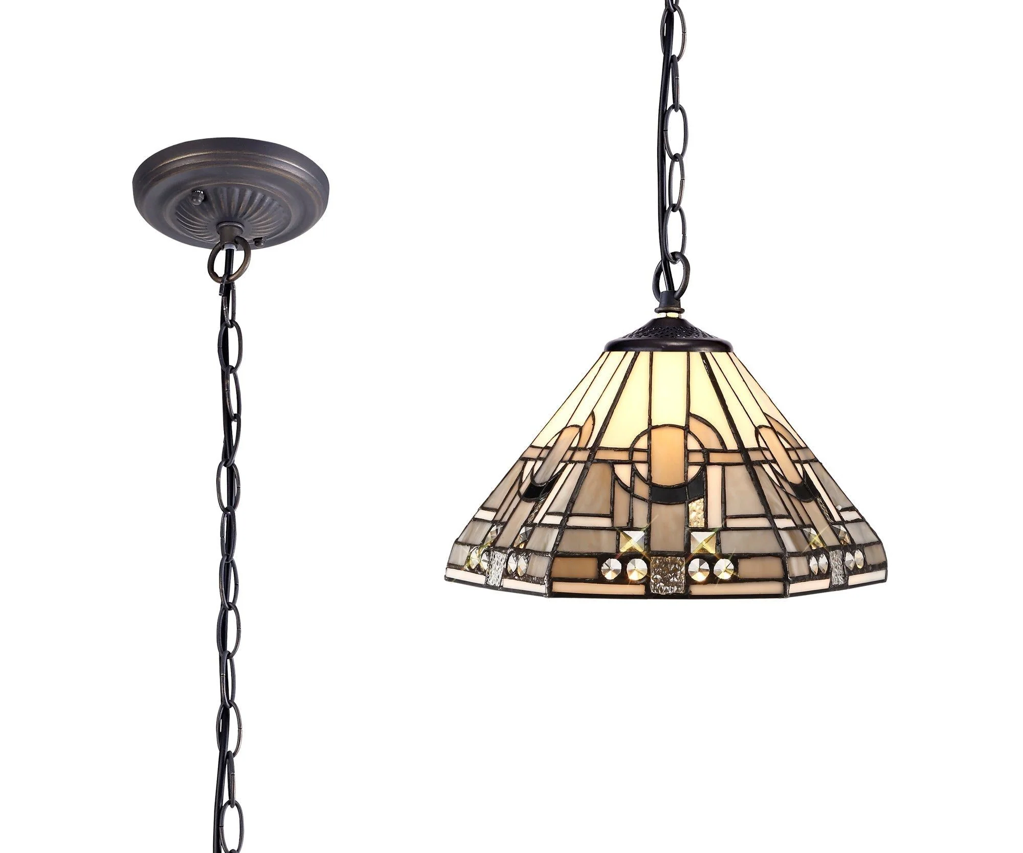 Guild 1/2/3 Light Downlighter Pendant E27 With 30/40cm Tiffany Shade, White/Grey/Black/Clear Crystal/Aged Antique Brass - Image 5
