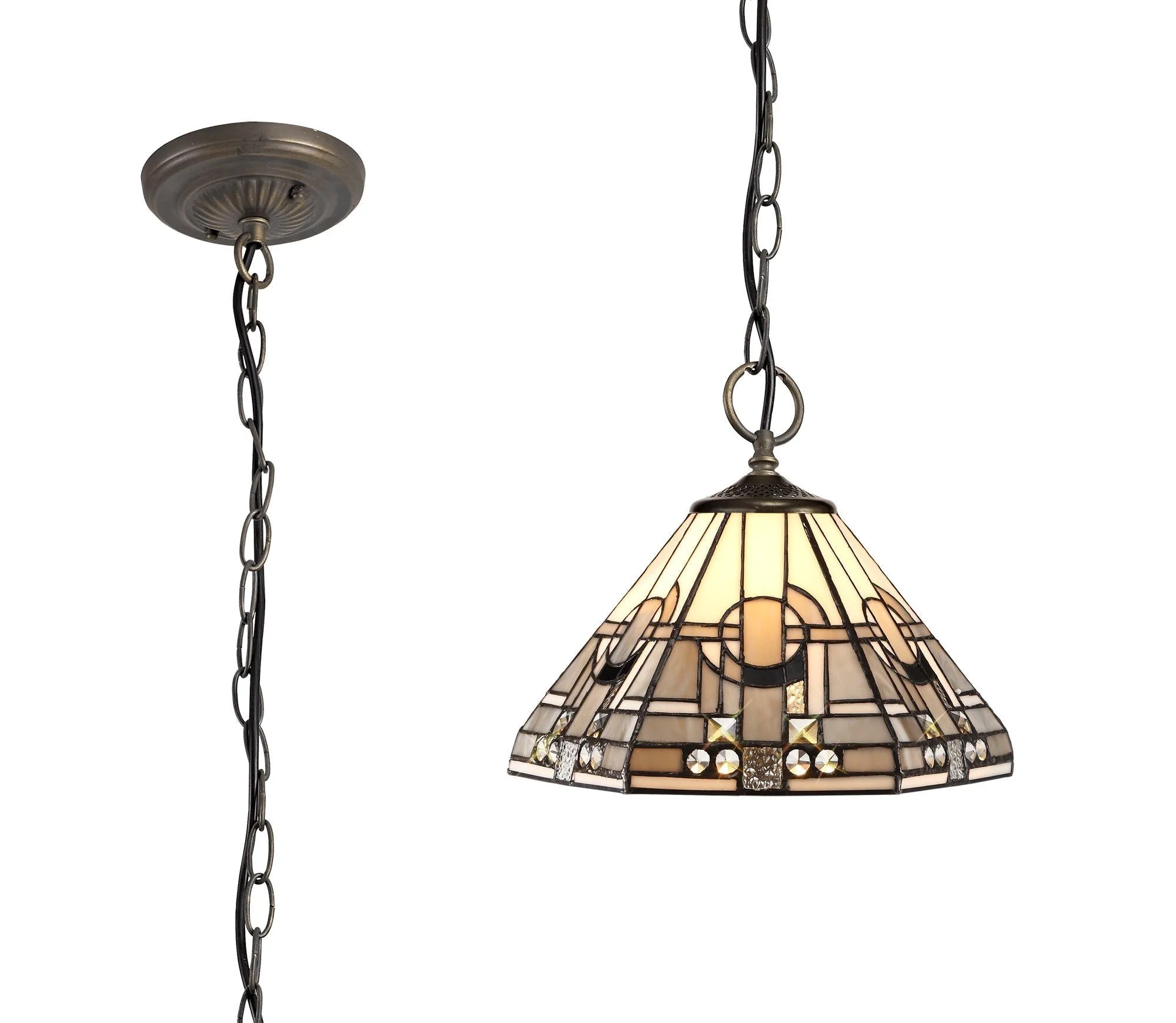 Guild 1/2/3 Light Downlighter Pendant E27 With 30/40cm Tiffany Shade, White/Grey/Black/Clear Crystal/Aged Antique Brass - Image 8