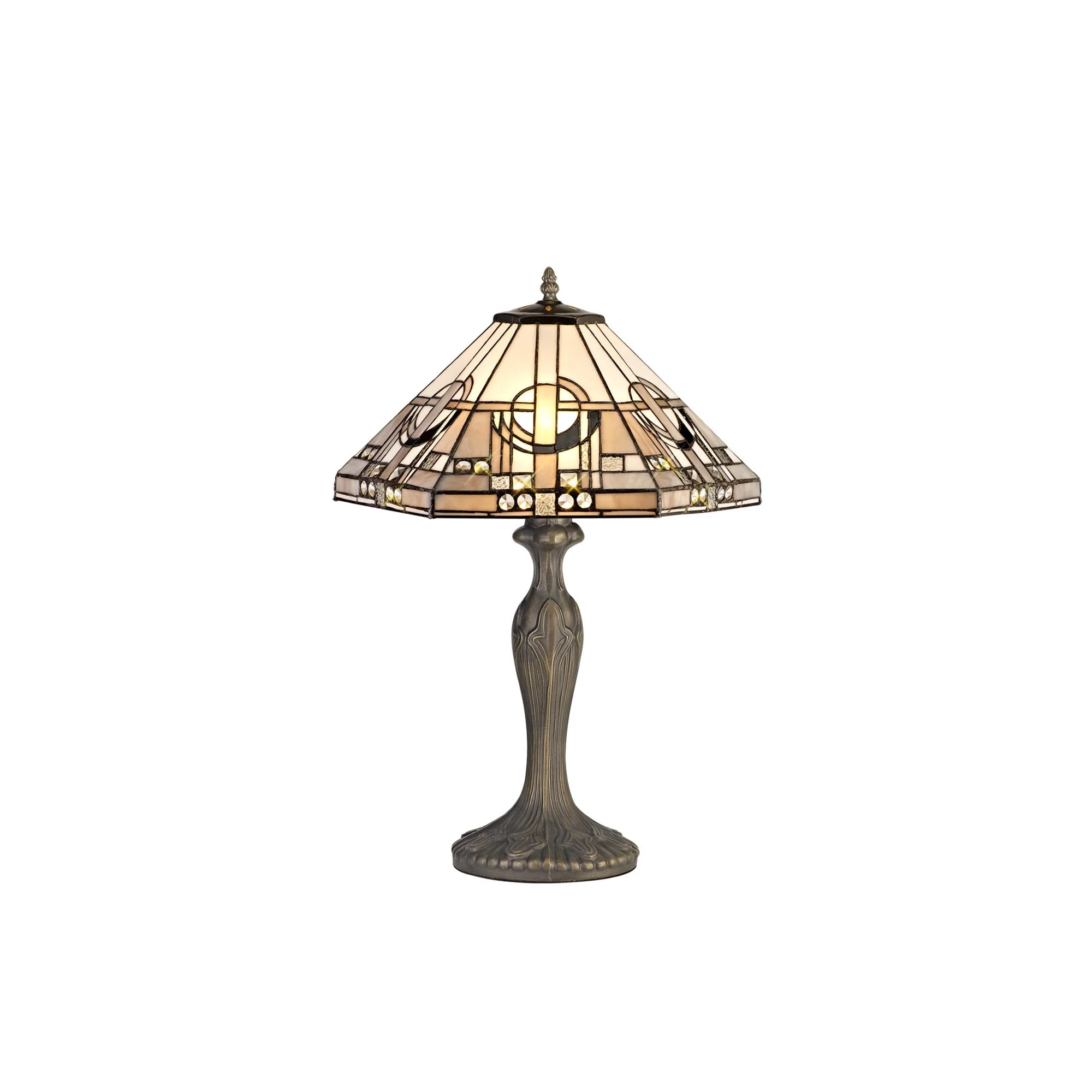 Guild 1/2 Light Curved Table Lamp E27 With 30cm Tiffany Shade, White/Grey/Black/Clear Crystal/Aged Antique Brass - Image 11