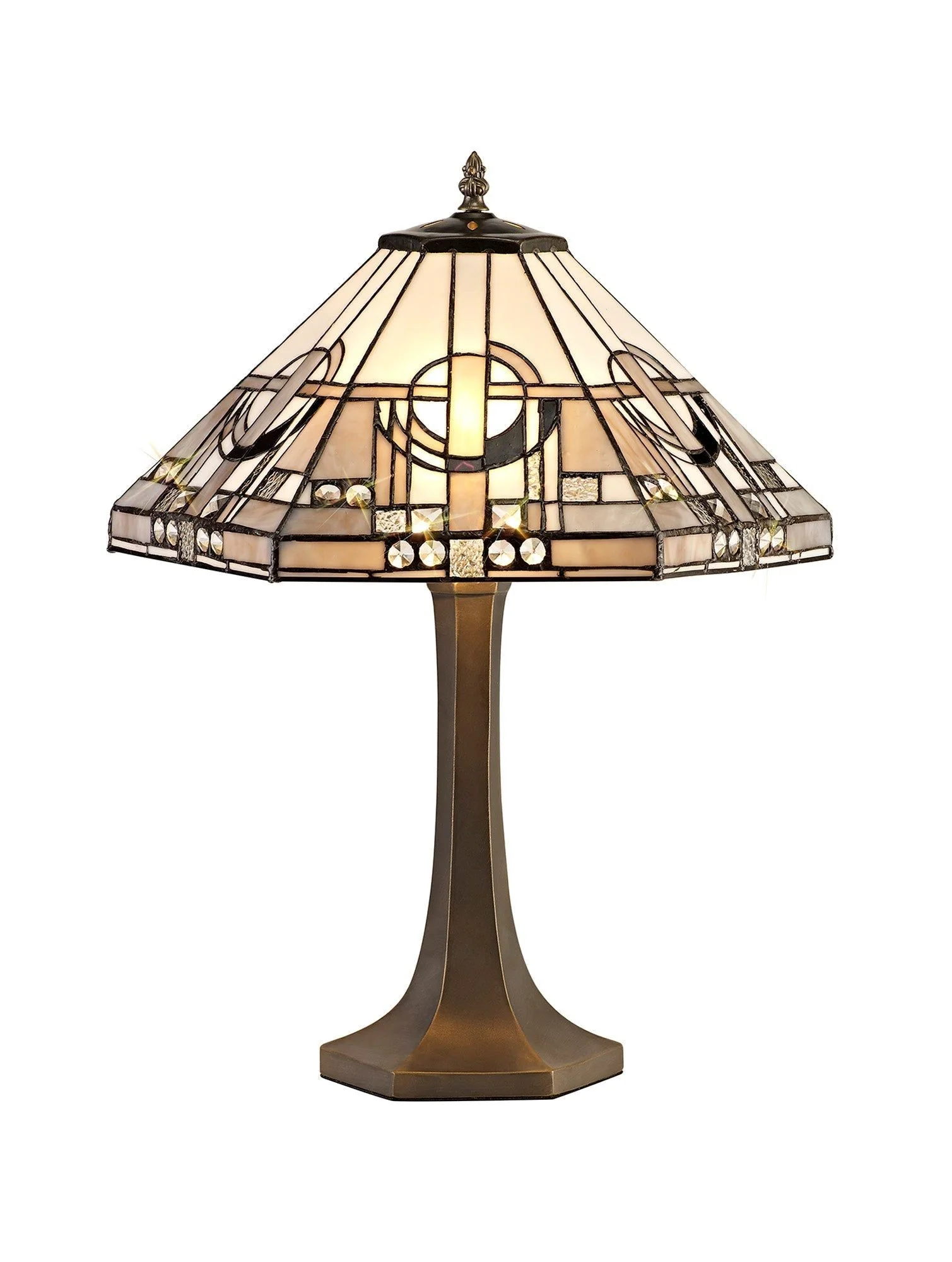 Guild 1/2 Light Curved Table Lamp E27 With 30cm Tiffany Shade, White/Grey/Black/Clear Crystal/Aged Antique Brass - Image 2