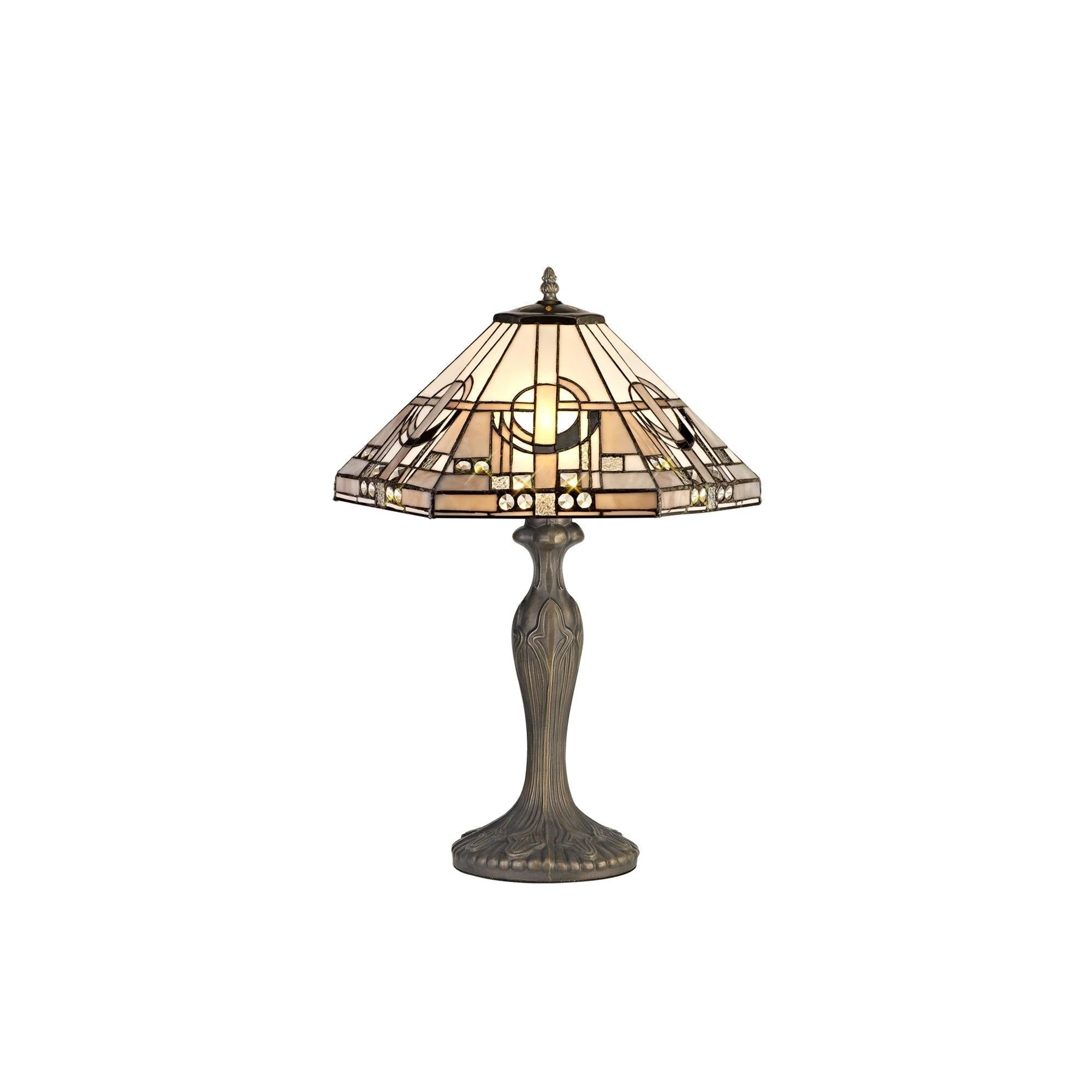 Guild 1/2 Light Curved Table Lamp E27 With 30cm Tiffany Shade, White/Grey/Black/Clear Crystal/Aged Antique Brass - Image 3