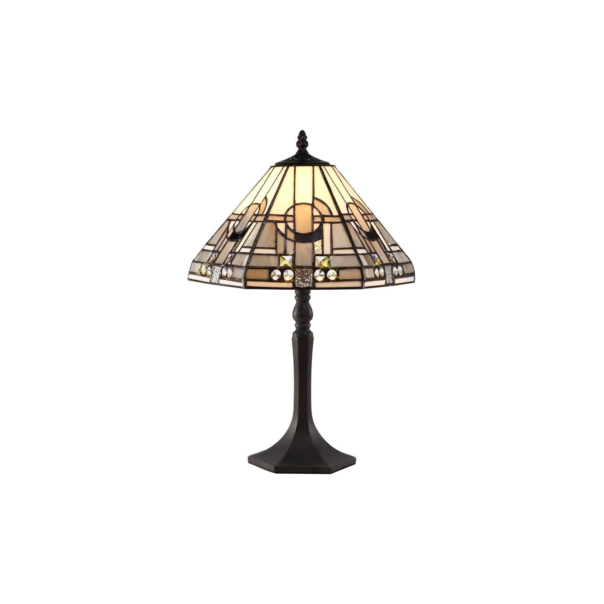 Guild 1/2 Light Curved Table Lamp E27 With 30cm Tiffany Shade, White/Grey/Black/Clear Crystal/Aged Antique Brass - Image 4