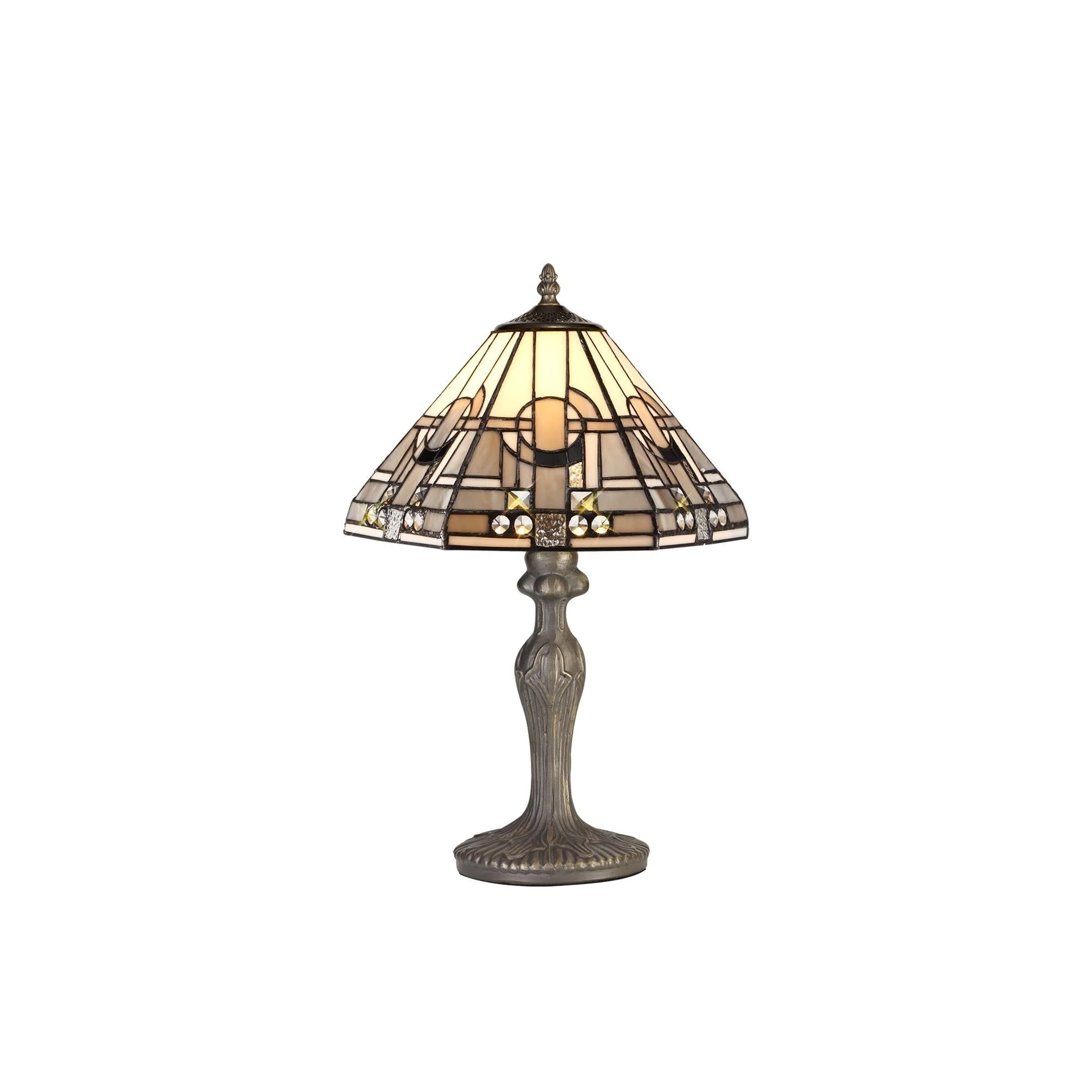 Guild 1/2 Light Curved Table Lamp E27 With 30cm Tiffany Shade, White/Grey/Black/Clear Crystal/Aged Antique Brass - Image 5