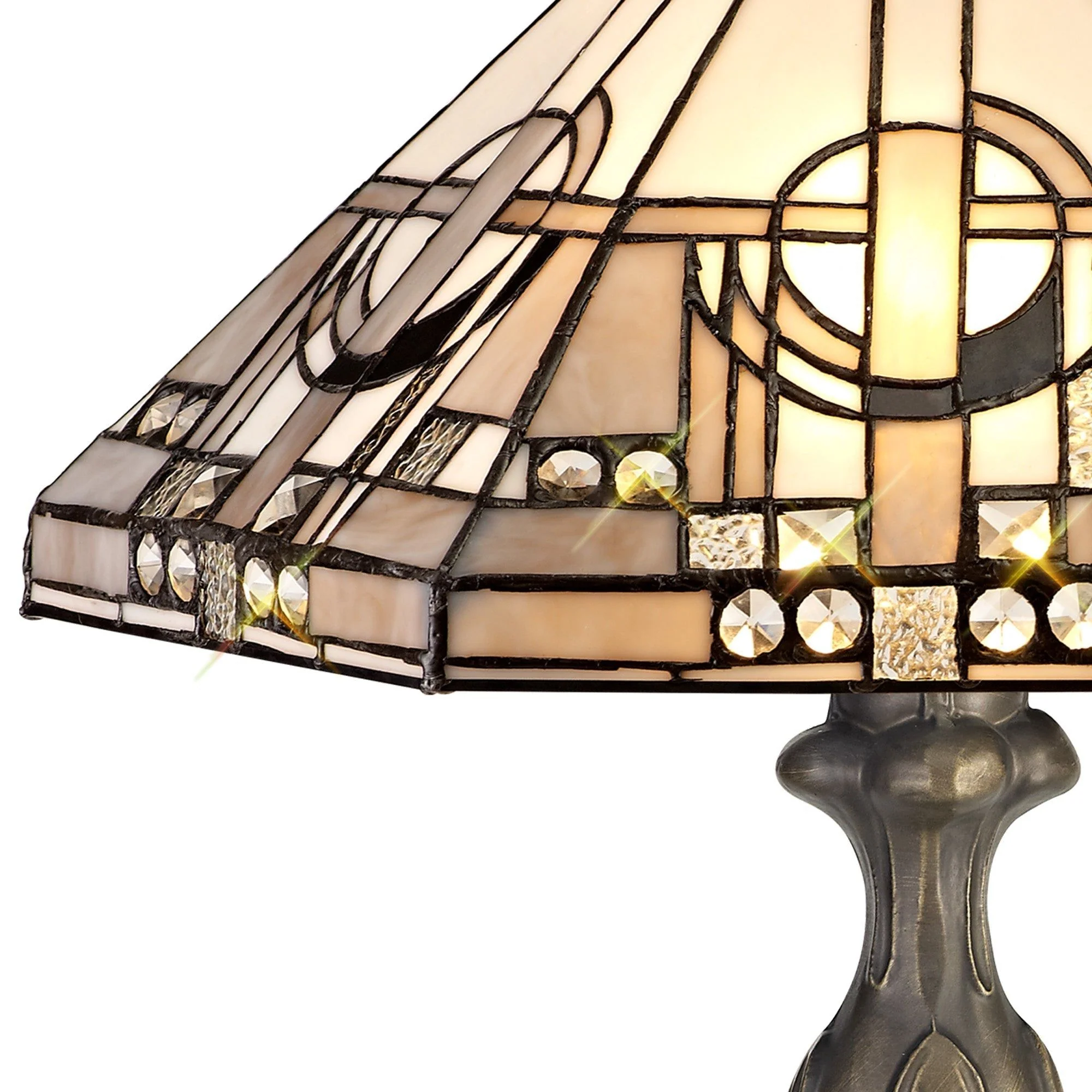 Guild 1/2 Light Curved Table Lamp E27 With 30cm Tiffany Shade, White/Grey/Black/Clear Crystal/Aged Antique Brass - Image 8