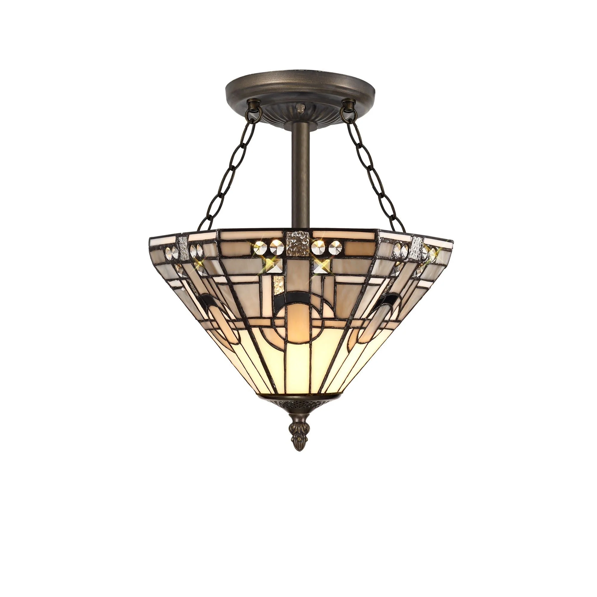 Guild 3 Light E27 Semi Ceiling With Tiffany Shade 30/40cm Shade, White/Grey/Black/Clear Crystal/Aged Antique Brass - Image 2