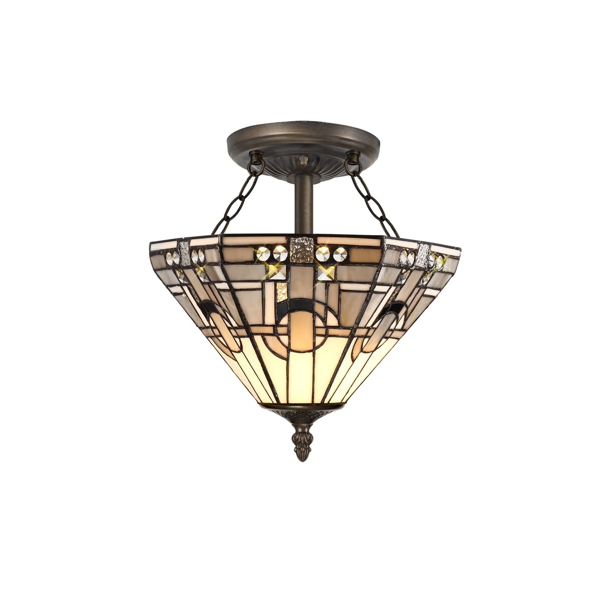 Guild 3 Light E27 Semi Ceiling With Tiffany Shade 30/40cm Shade, White/Grey/Black/Clear Crystal/Aged Antique Brass - Image 5