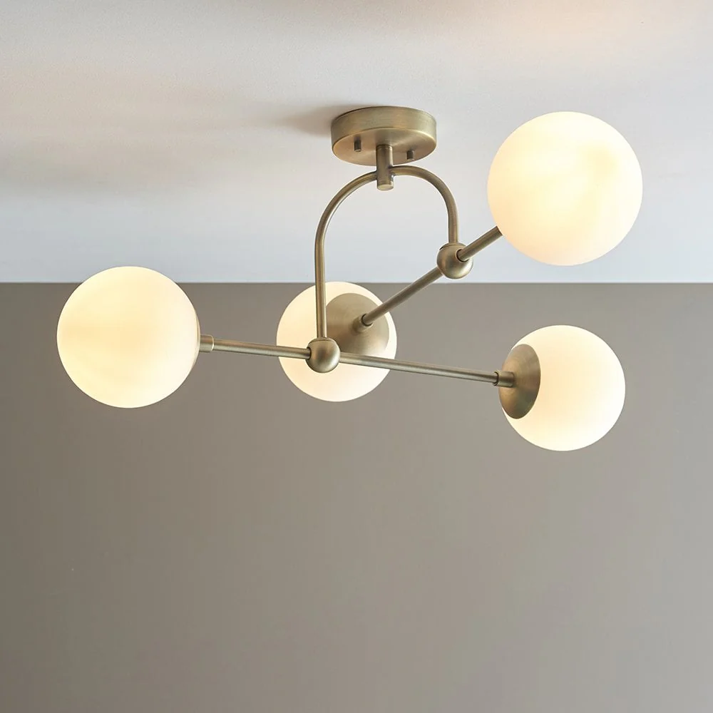Halbrooke 4Lt Semi Flush - Antique Brass/ Matt Black  & Opal/ Smoked Glass Finish - Image 2