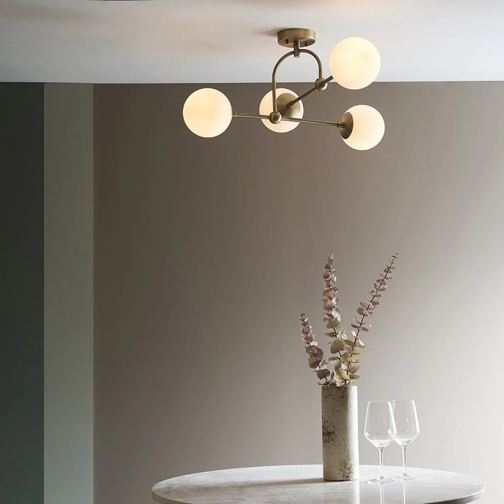 Halbrooke 4Lt Semi Flush - Antique Brass/ Matt Black  & Opal/ Smoked Glass Finish - Image 3