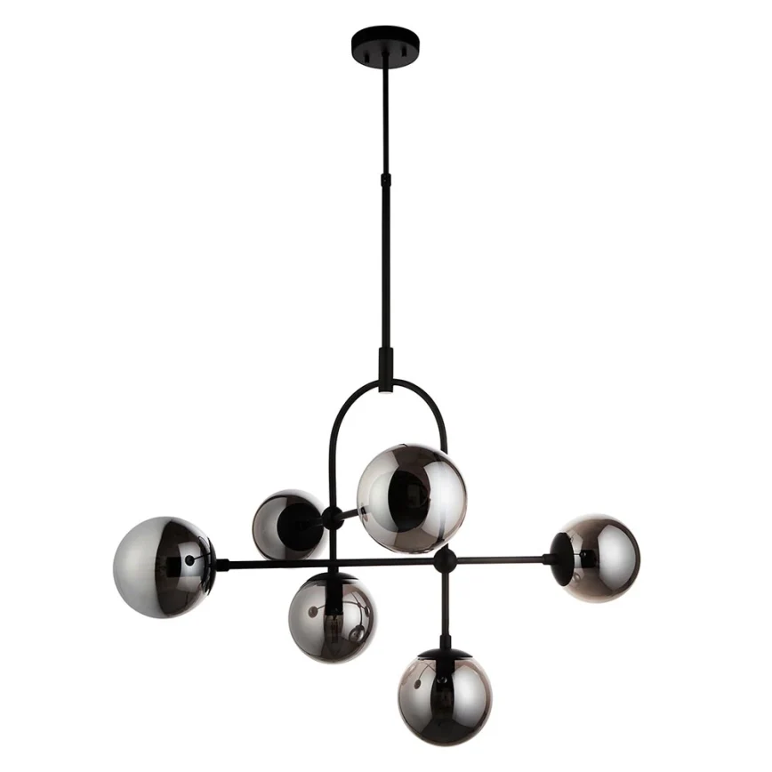 Halbrooke 6Lt Centre Ceiling Light - Antique Brass & Opal/ Black & Smoked Glass Finish - Image 4