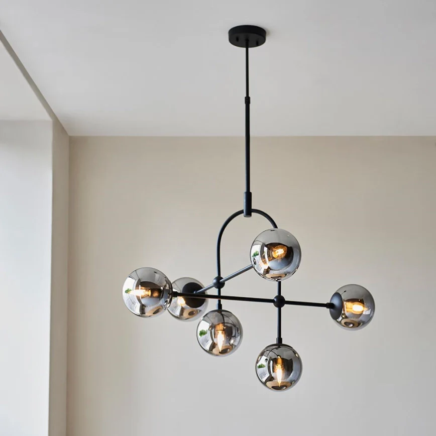Halbrooke 6Lt Centre Ceiling Light - Antique Brass & Opal/ Black & Smoked Glass Finish - Image 7