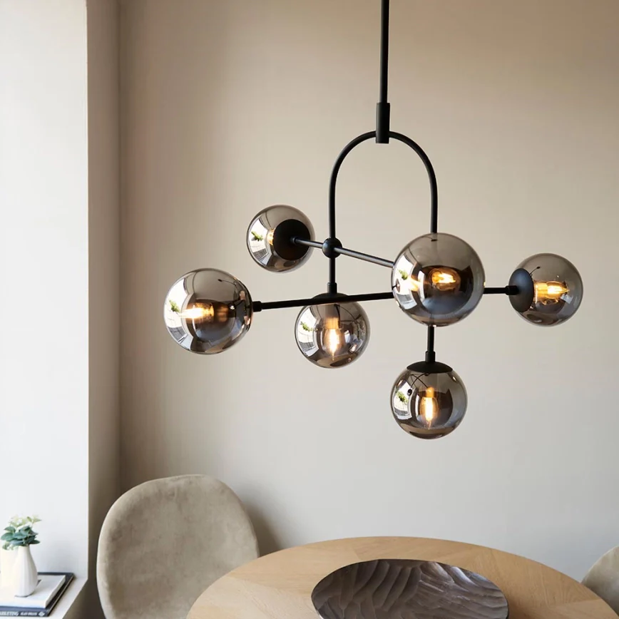 Halbrooke 6Lt Centre Ceiling Light - Antique Brass & Opal/ Black & Smoked Glass Finish - Image 8