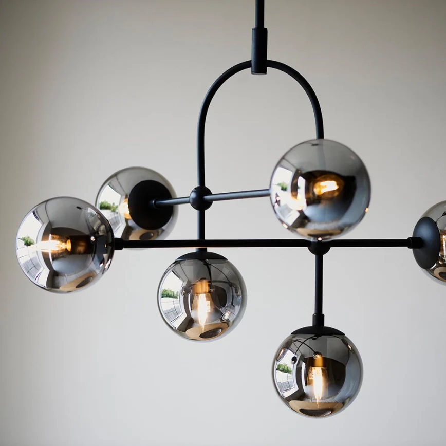 Halbrooke 6Lt Centre Ceiling Light - Antique Brass & Opal/ Black & Smoked Glass Finish - Image 9
