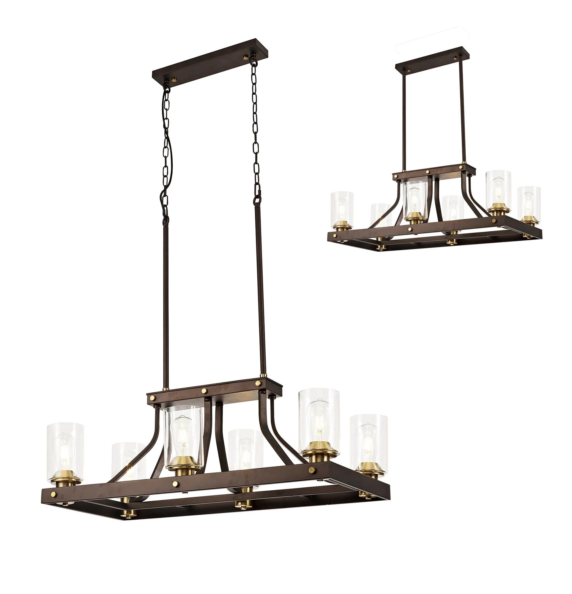 Halo Linear Pendant 6 Light E27, Brown Oxide/Bronze With Clear Glass Shades