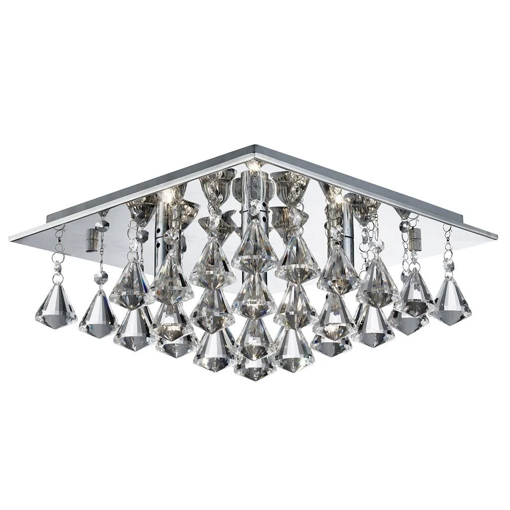 Hanna 4/6/8Lt Square Flush Ceiling Light -  Chrome with Clear Crystal Pyramid Drops Finish - Image 2