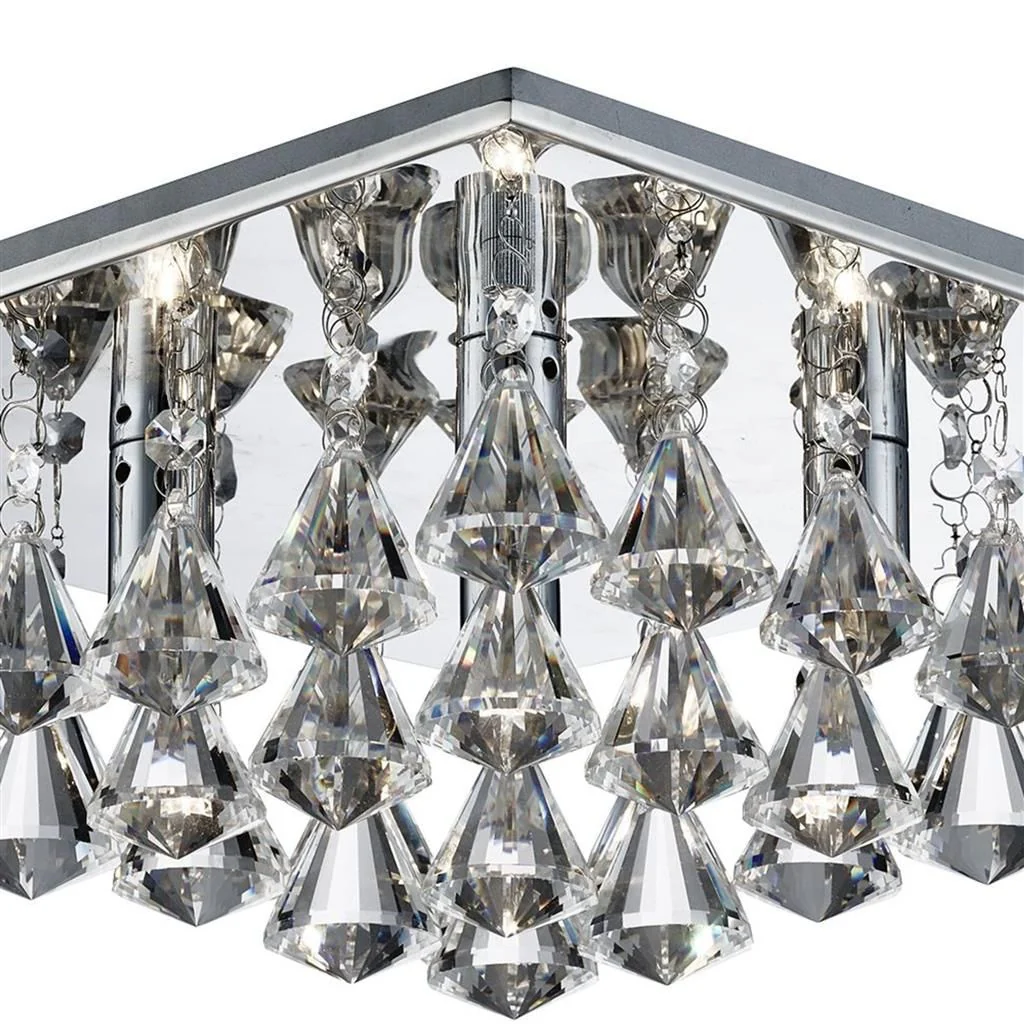 Hanna 4/6/8Lt Square Flush Ceiling Light -  Chrome with Clear Crystal Pyramid Drops Finish - Image 3