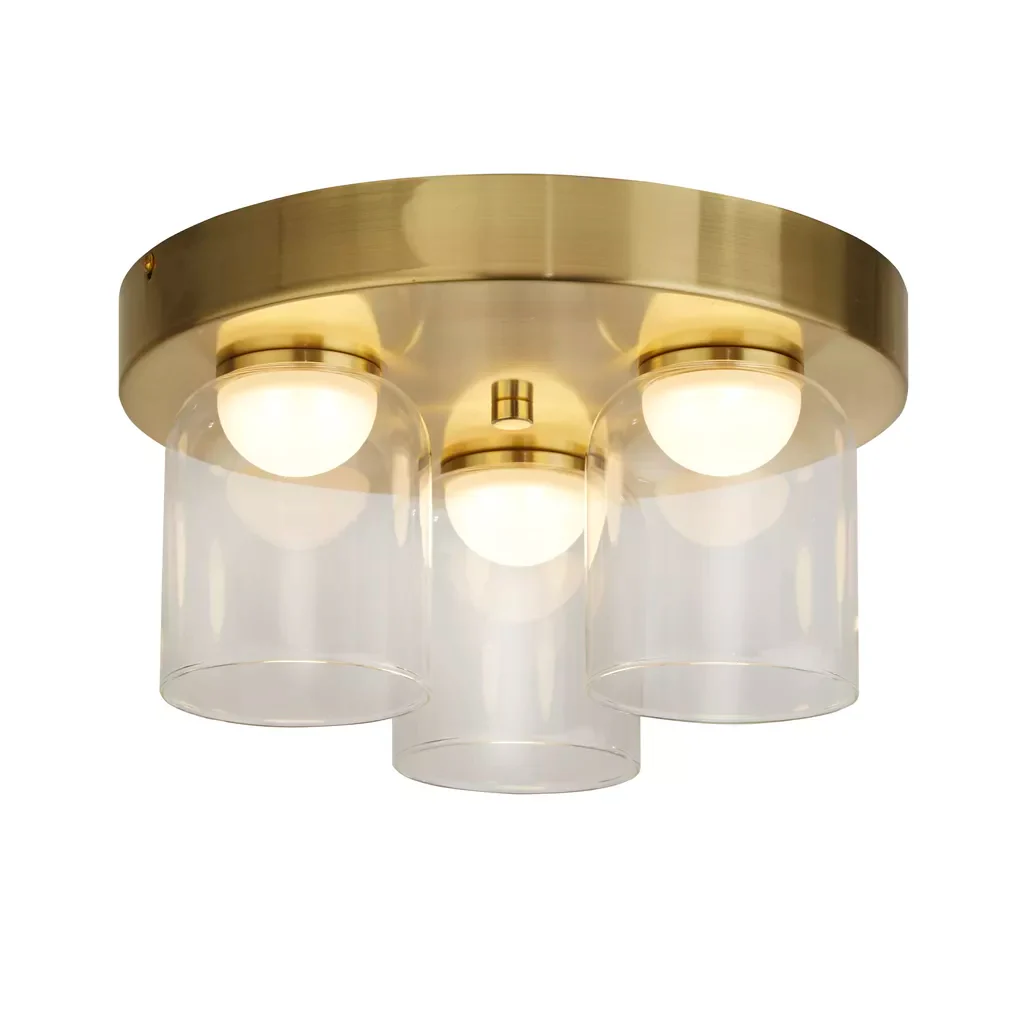 Highball LED 3Lt Bathroom Flush Light- Satin Brass & Clear Glass