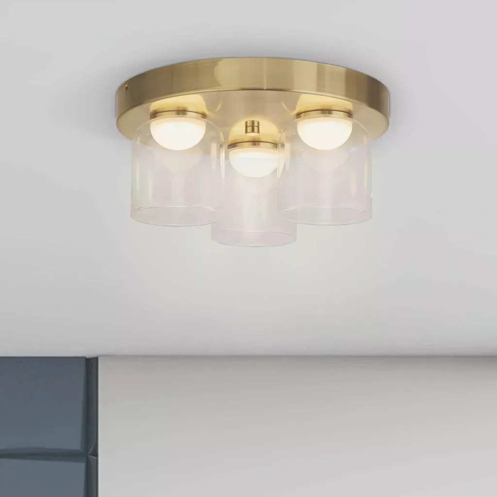 Highball LED 3Lt Bathroom Flush Light- Satin Brass & Clear Glass - Image 3