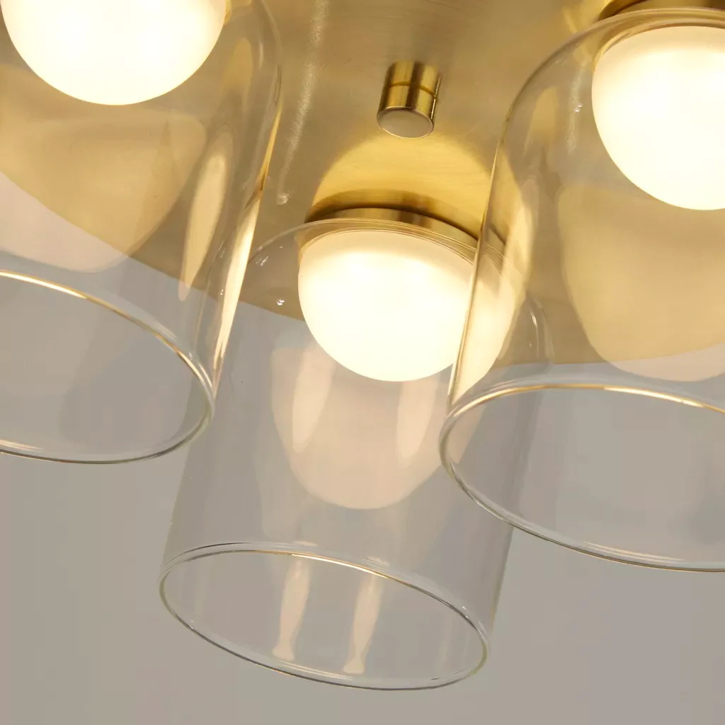 Highball LED 3Lt Bathroom Flush Light- Satin Brass & Clear Glass - Image 4