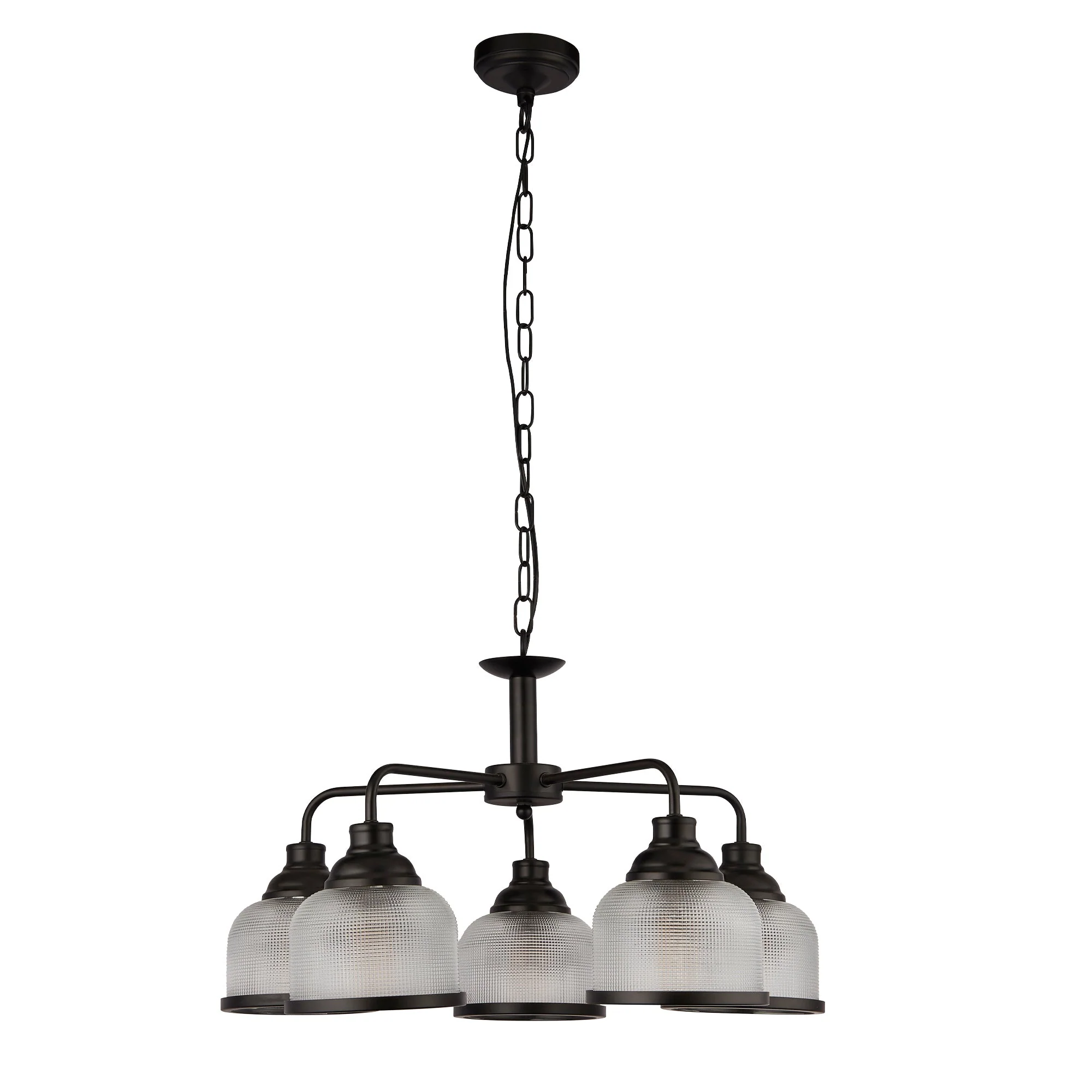 Highworth 3/5Lt Multi-Arm Pendant - Black Metal & Holophane Style Glass - Image 3