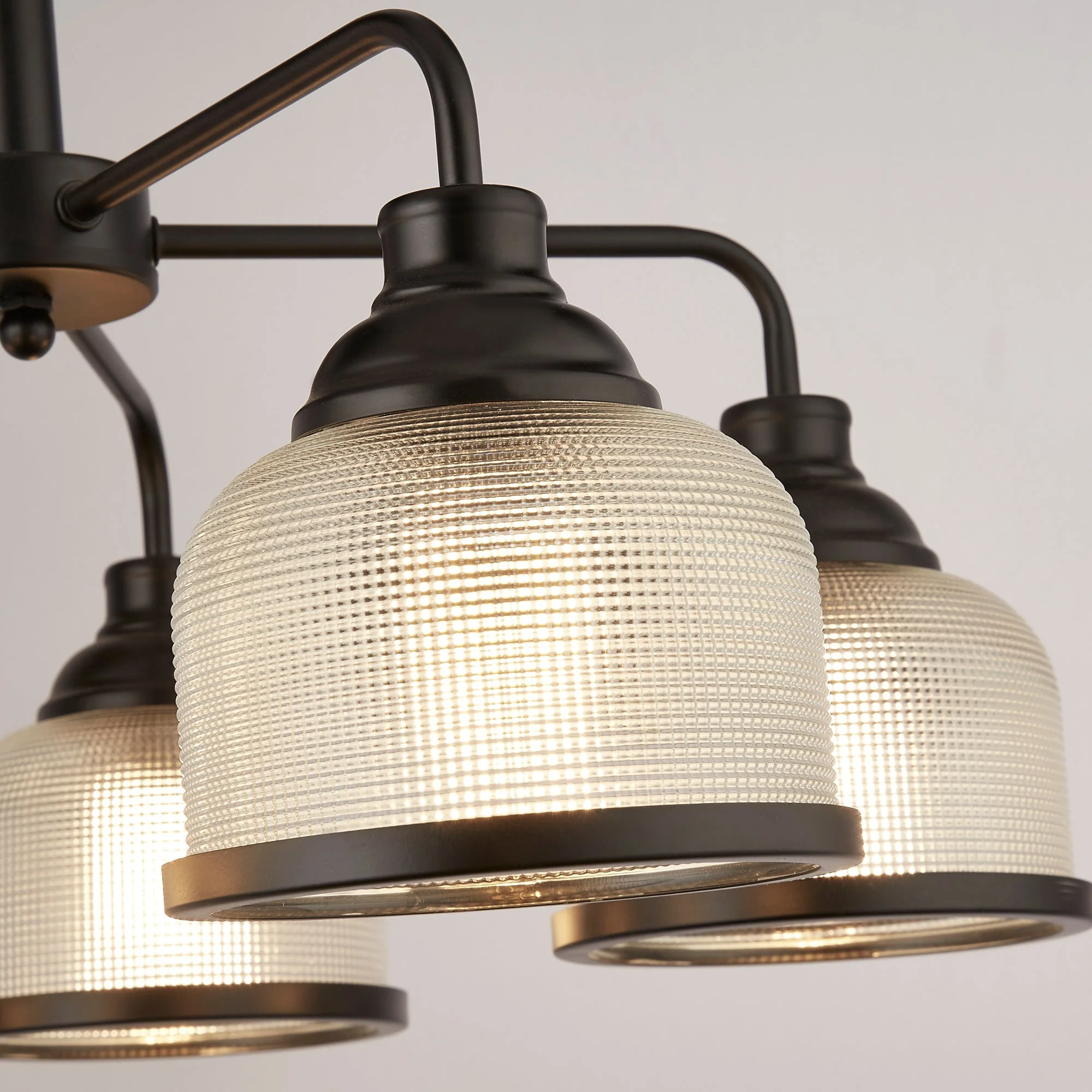 Highworth 3/5Lt Multi-Arm Pendant - Black Metal & Holophane Style Glass - Image 4