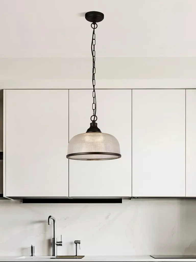 Highworth Pendant - Matt Black Metal & Holophane Style Glass - Image 2