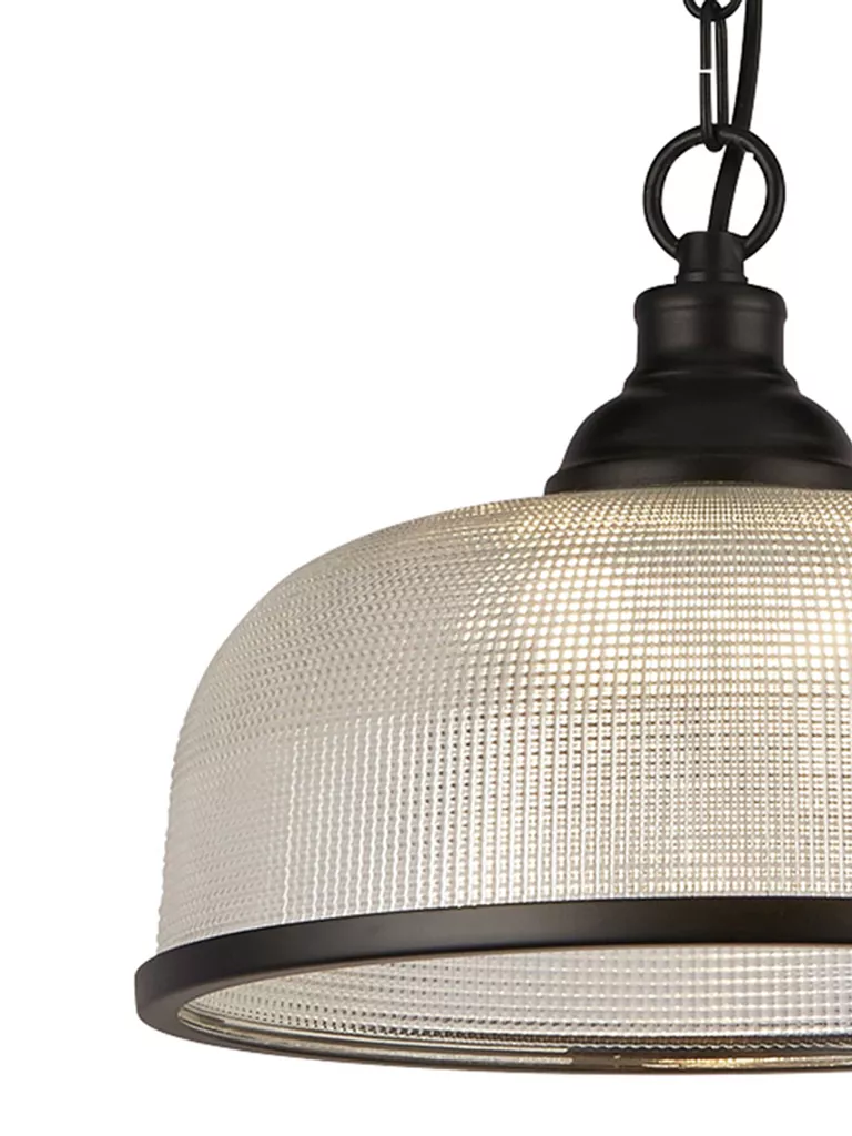 Highworth Pendant - Matt Black Metal & Holophane Style Glass - Image 3