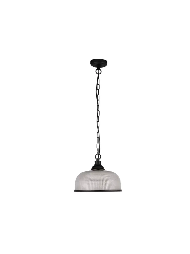 Highworth Pendant - Matt Black Metal & Holophane Style Glass - Image 4