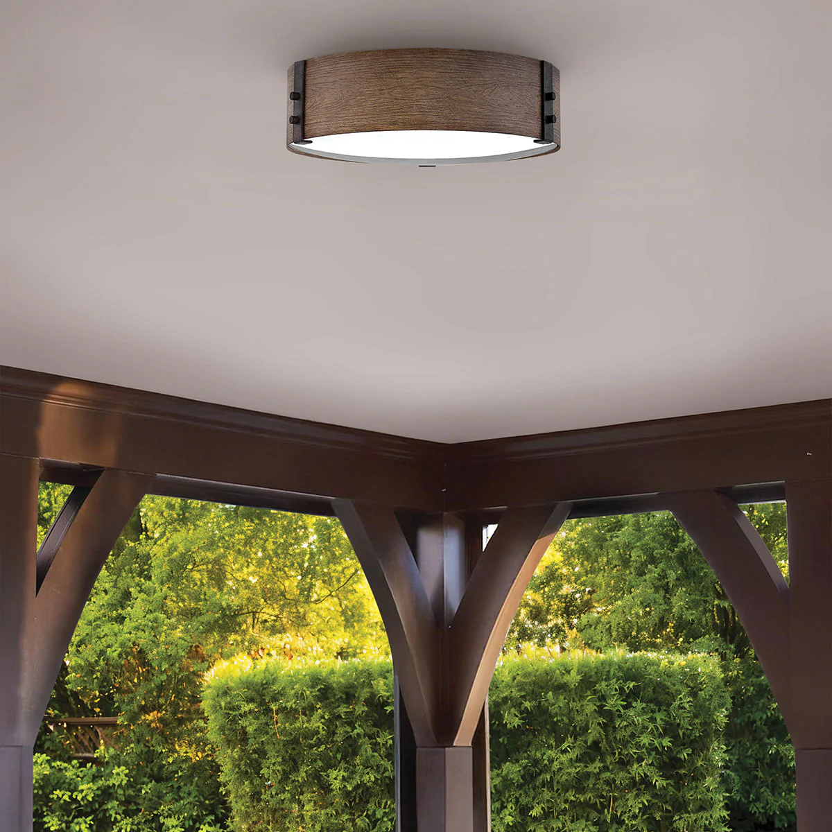 Hinkley Sawyer Flush Ceiling Light - Sequoia wood effect with rust Iron accents  IP44 E14 - Image 2