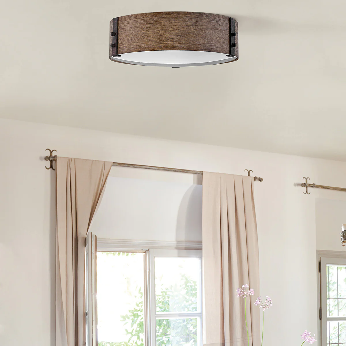 Hinkley Sawyer Flush Ceiling Light - Sequoia wood effect with rust Iron accents  IP44 E14 - Image 3