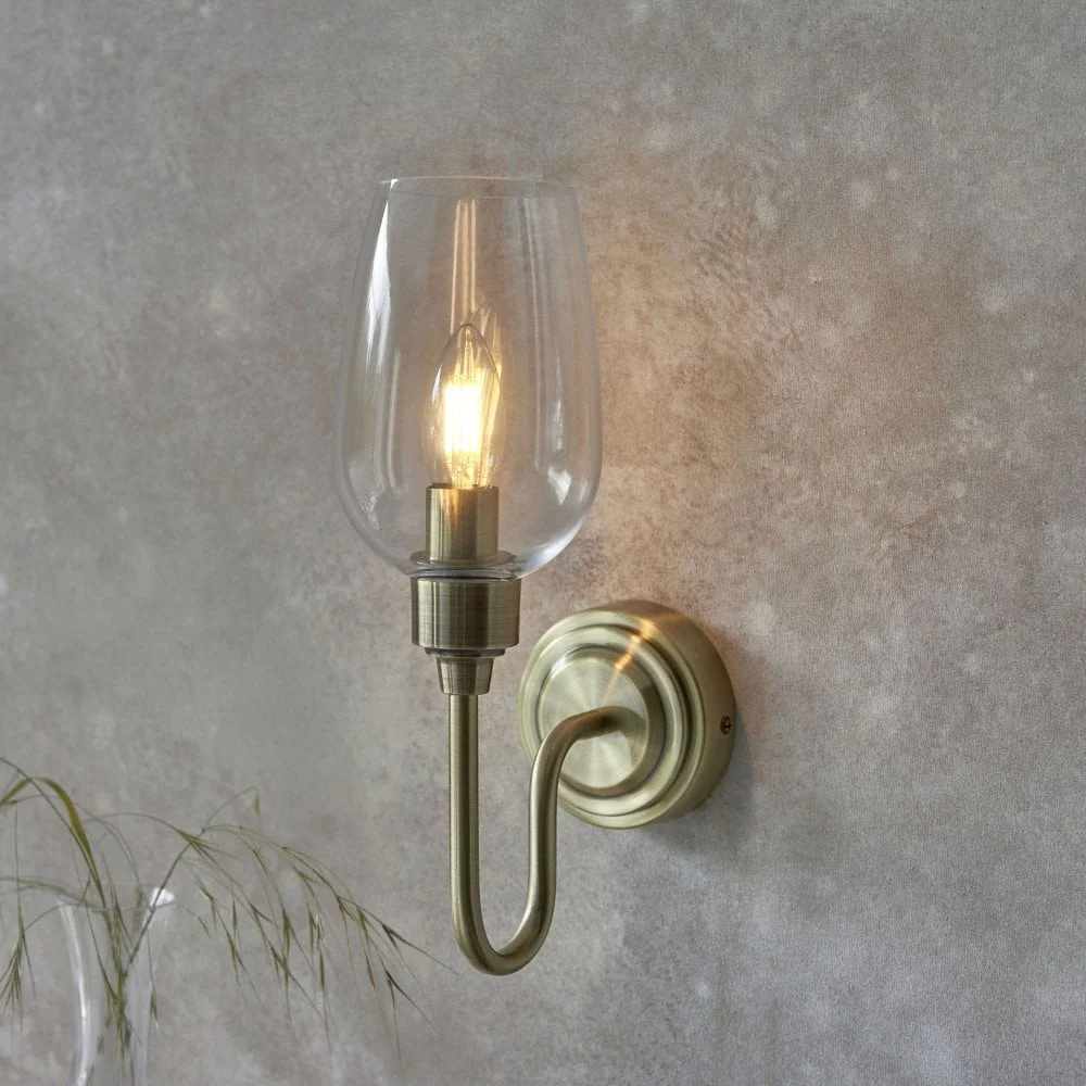 Hunter Single Wall Light in Antique Brass & Clear Glass/Bright Nickel & Clear Glass - Image 10