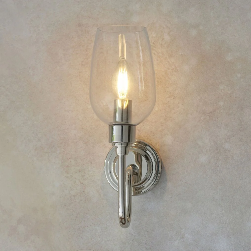 Hunter Single Wall Light in Antique Brass & Clear Glass/Bright Nickel & Clear Glass - Image 4