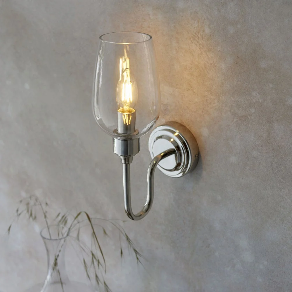 Hunter Single Wall Light in Antique Brass & Clear Glass/Bright Nickel & Clear Glass - Image 5