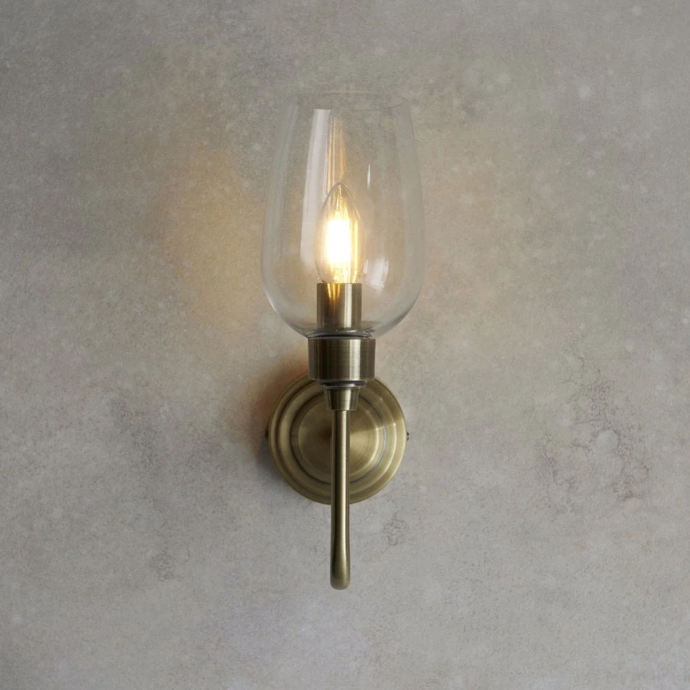 Hunter Single Wall Light in Antique Brass & Clear Glass/Bright Nickel & Clear Glass - Image 9