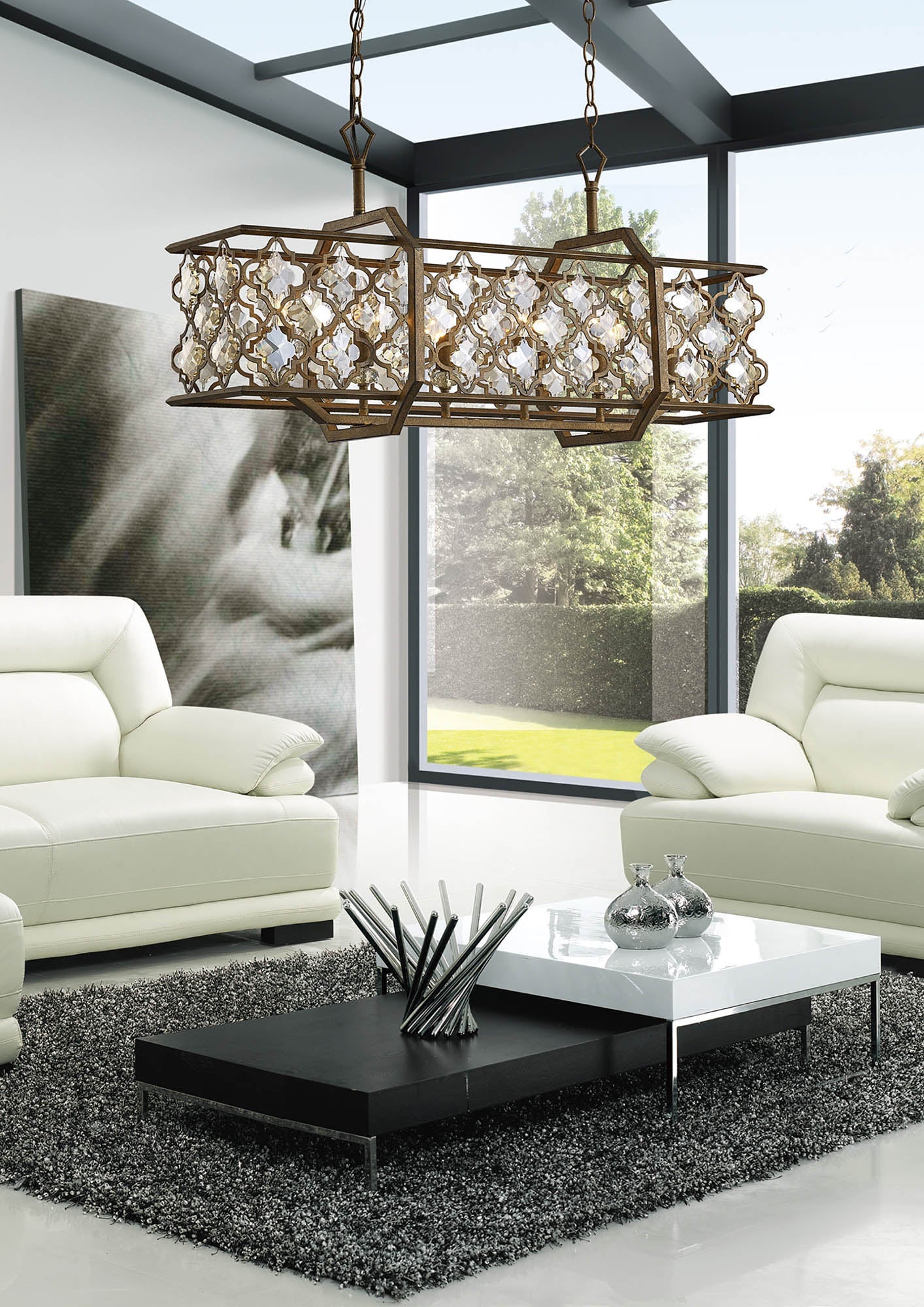 Indie Pendant 6Lt - Rectangular Mocha/Teak Plated Crystal - Image 4