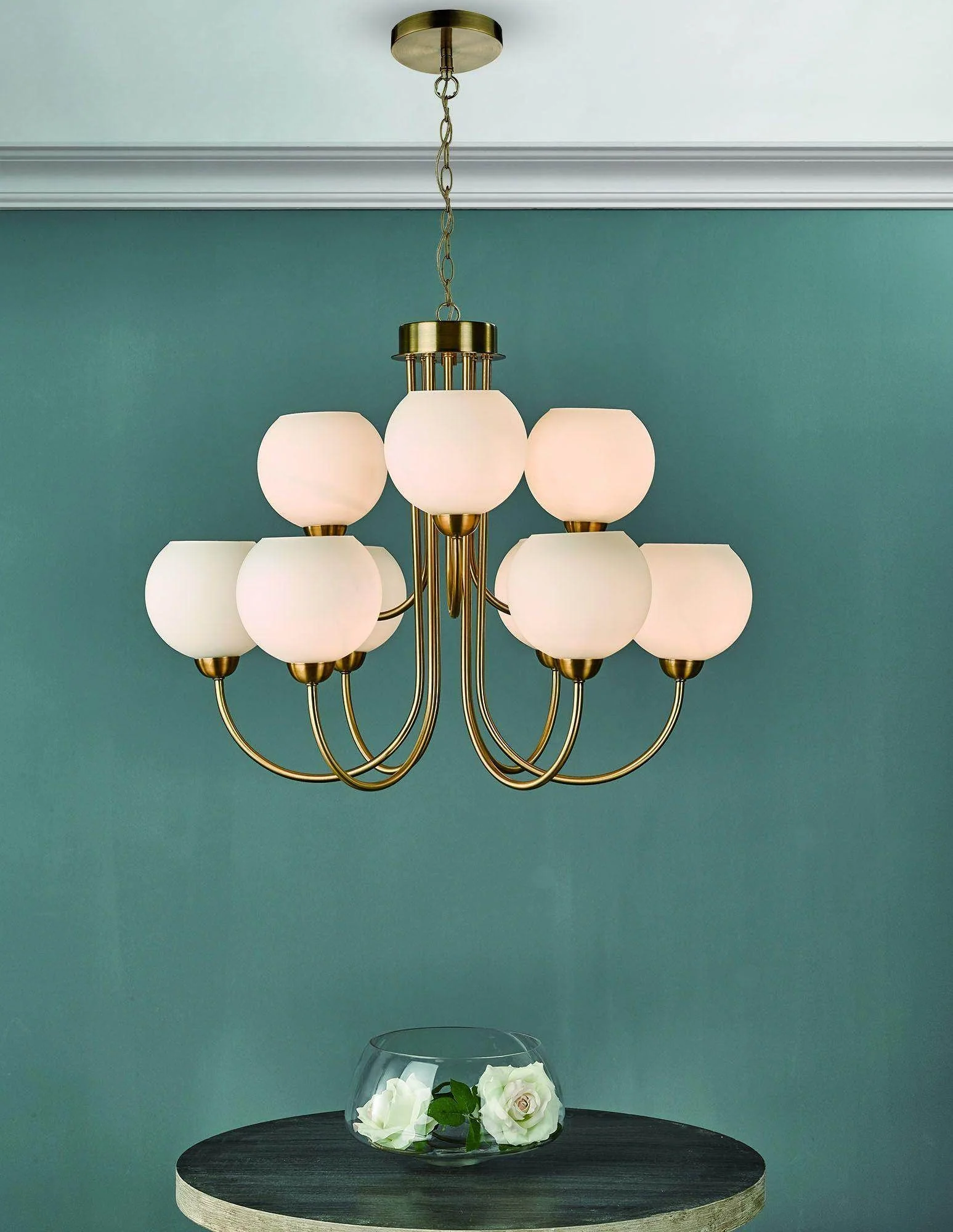 Indra 9 Light Chandelier Natural Brass With Opal Glass - Image 3