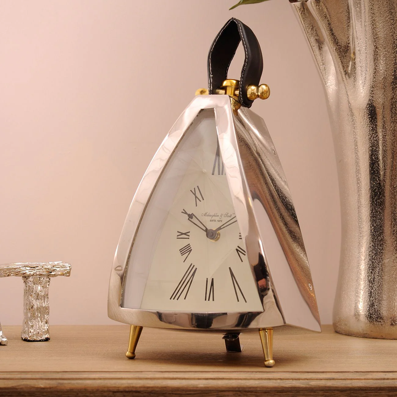 Isosceles Small/Large Curved Front Mantel Clock - Nickel Finish - Image 4