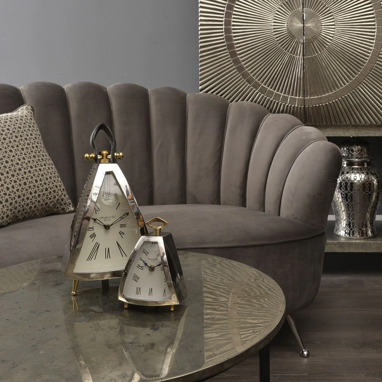 Isosceles Small/Large Curved Front Mantel Clock - Nickel Finish - Image 6