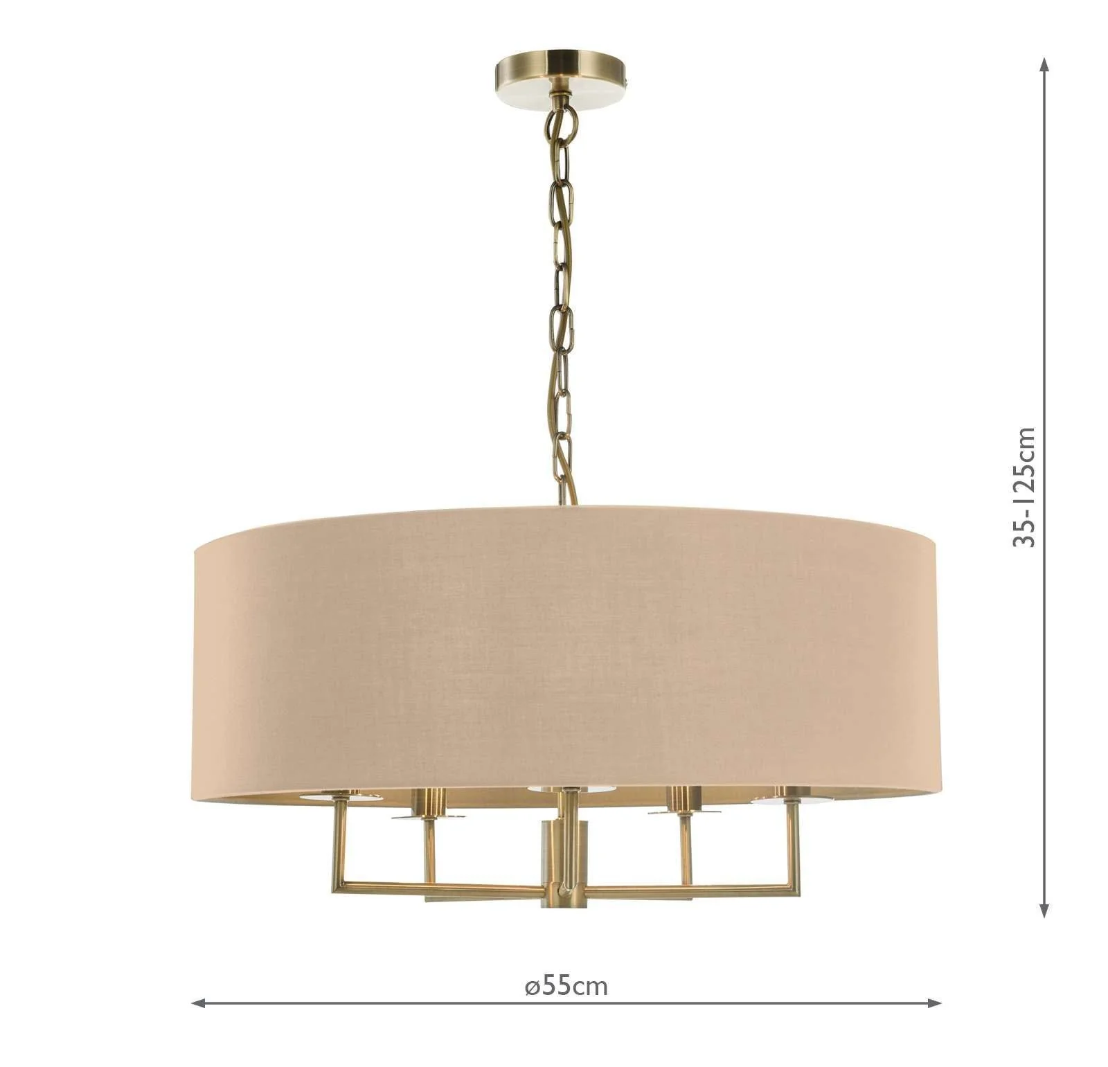 Jamelia 3/5 Arm Hanging Shade Ceiling Lights - Antique Brass & Taupe Shade/ Polished Chrome & Grey Finish - Image 4