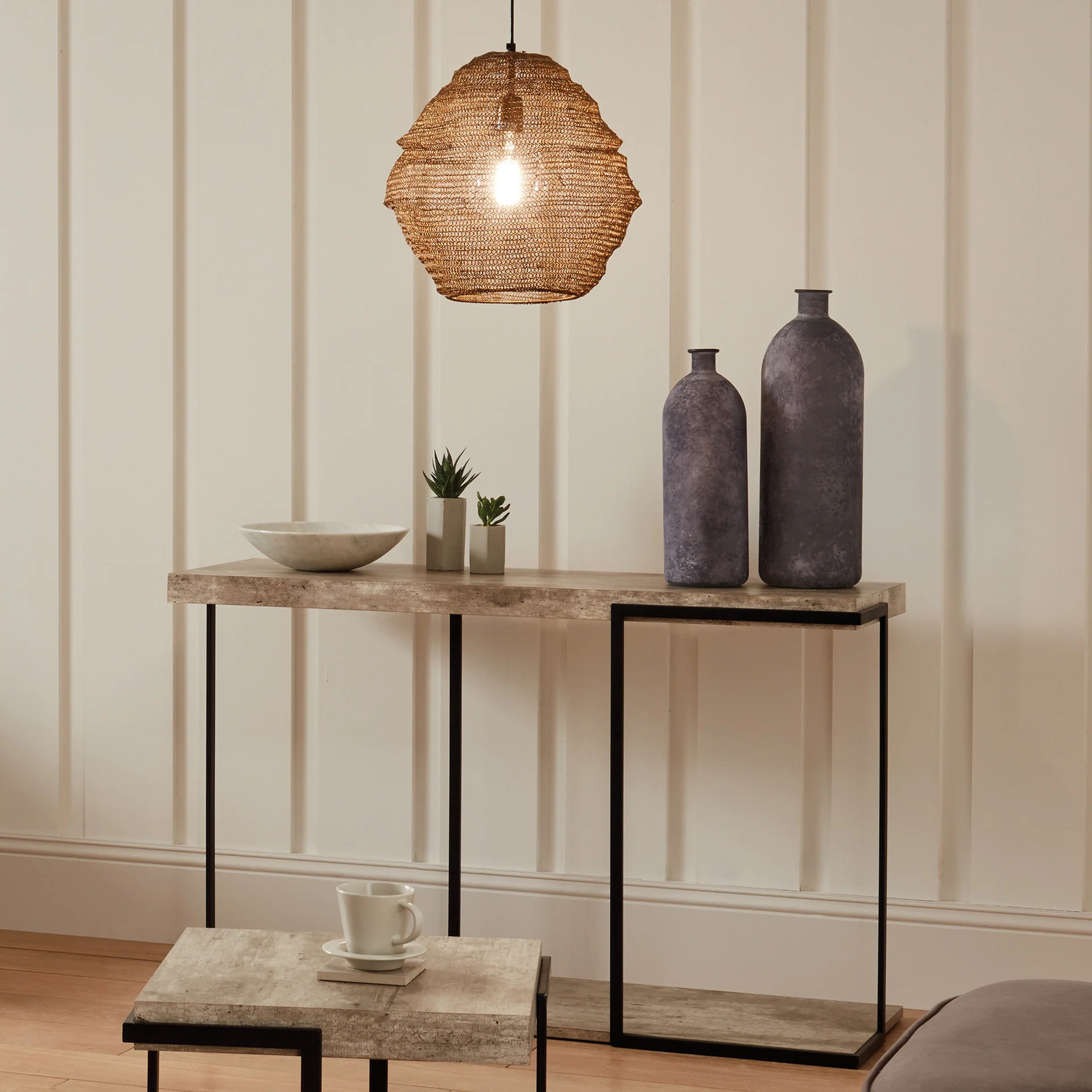 Jersey Concrete Effect Wood Veneer and Black Metal Console Table - Image 3