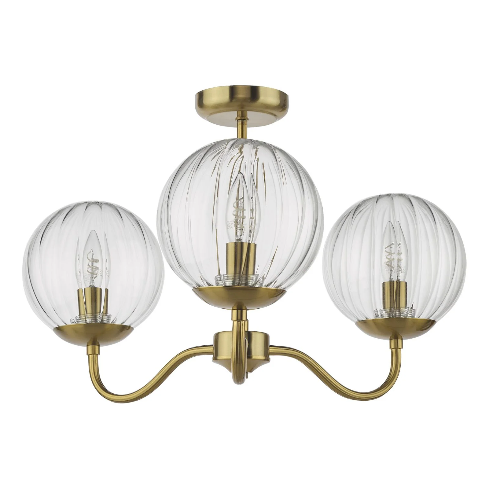 Jocelyn 3 Light Semi-Flush Ceiling Light - Natural Brass and Glass - Image 2