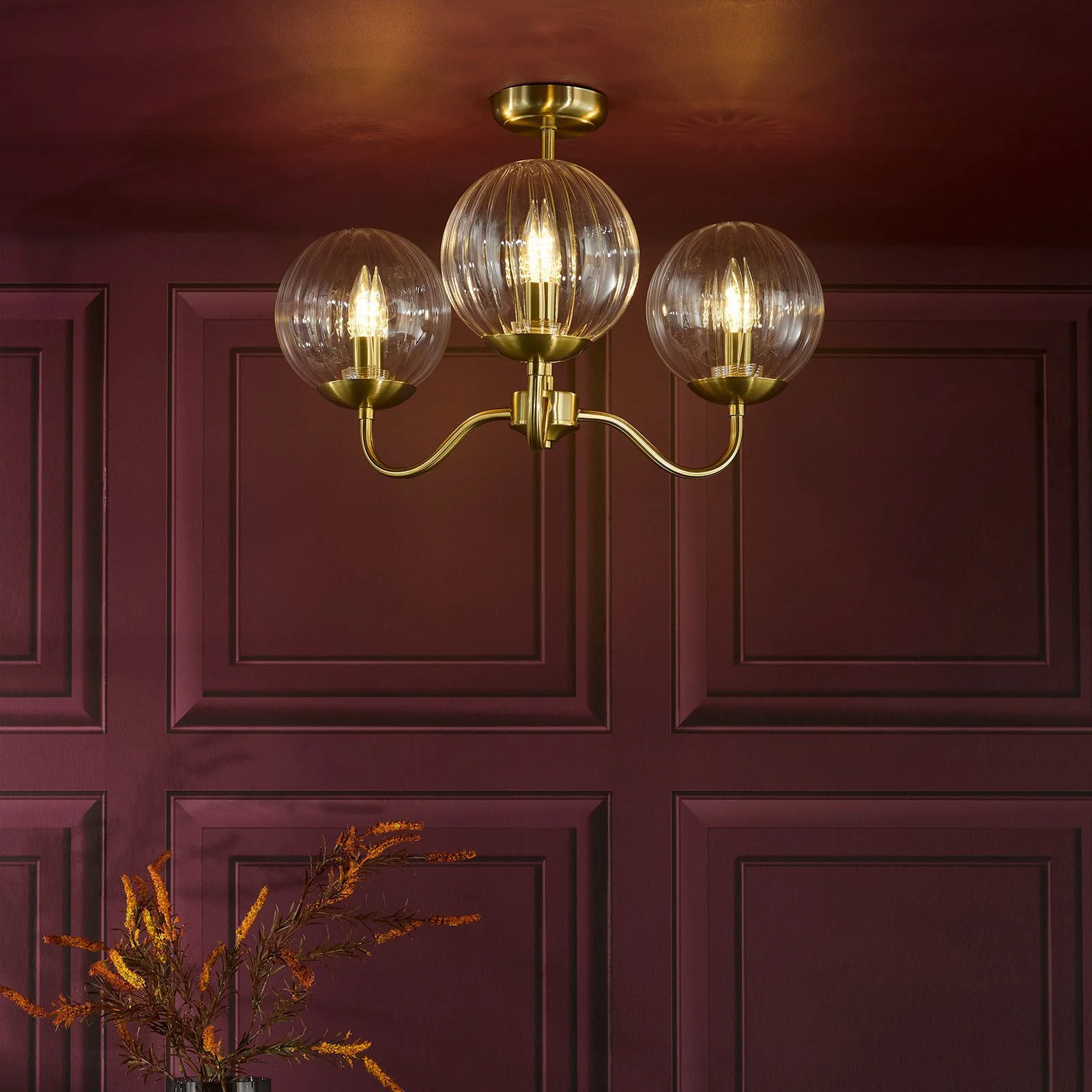 Jocelyn 3 Light Semi-Flush Ceiling Light - Natural Brass and Glass - Image 4