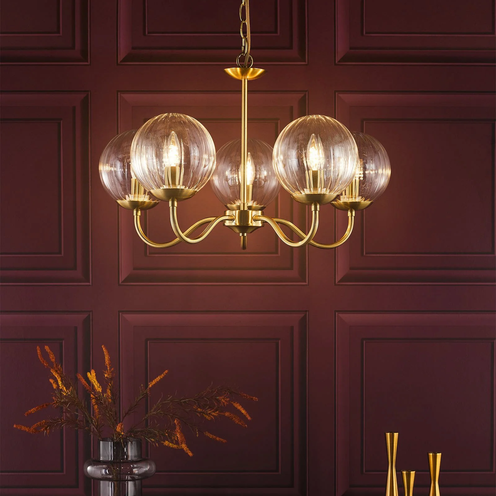 Jocelyn 5 Light Armed Pendant Light - Natural Brass and Glass - Image 4