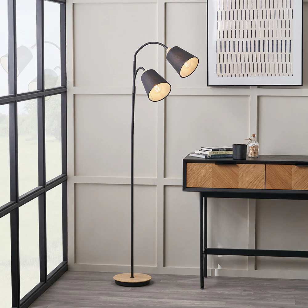 Juna Black Metal and Natural Wood Two Head Floor Lamp - Image 2
