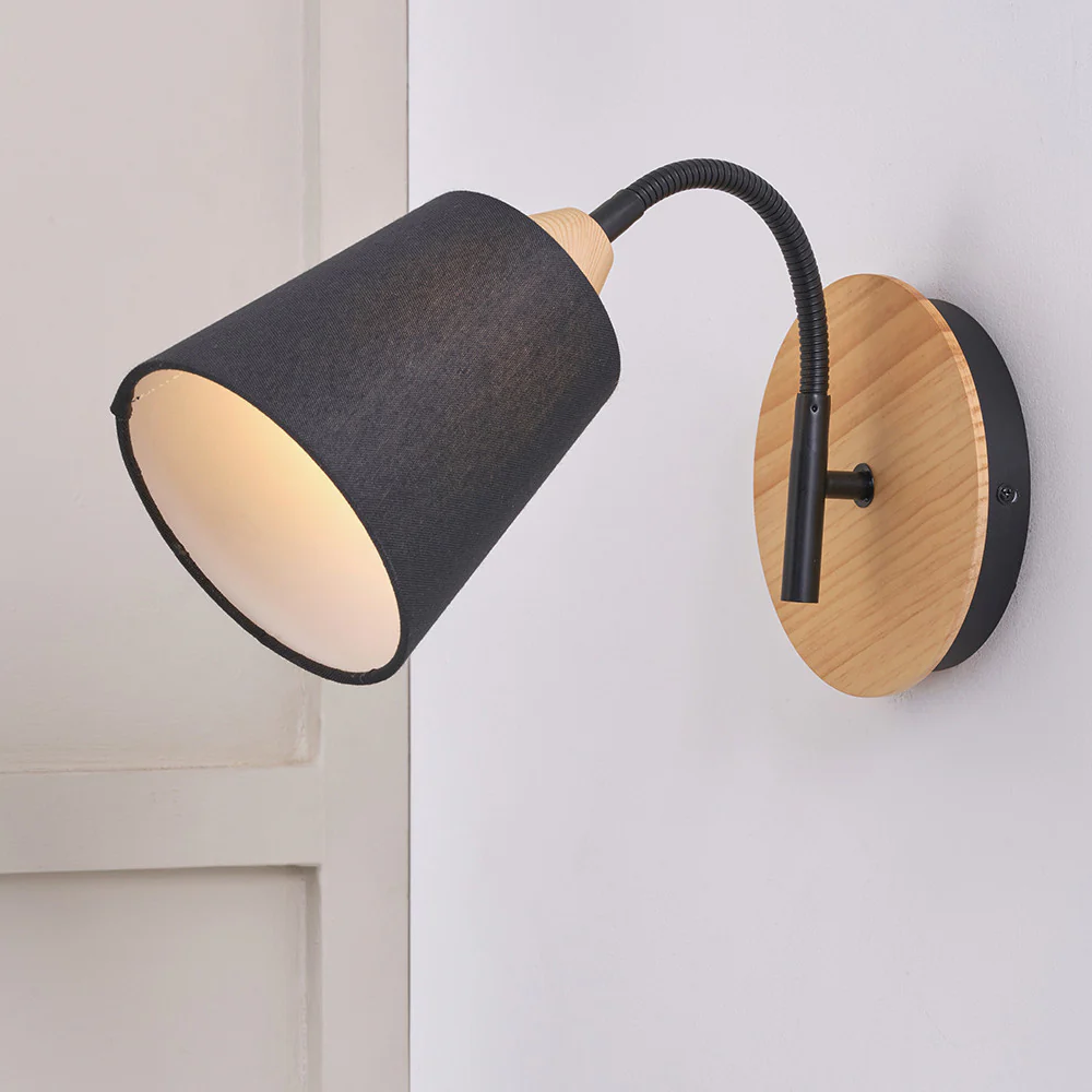 Juna Black Metal and Natural Wood Wall Light - Image 2
